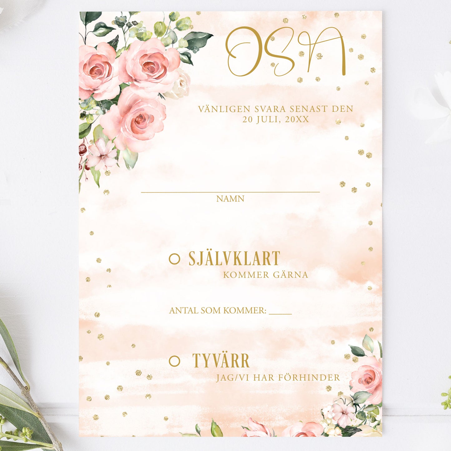 OSA-kort med kuvert (8 färger) – A6 Rosa & Vita Blommor guld detaljer – Bröllopskort BR013