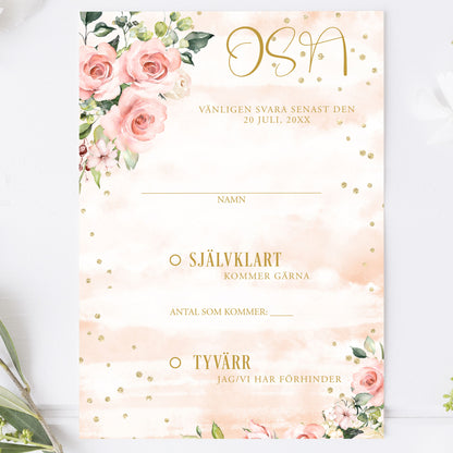 OSA-kort med kuvert (8 färger) – A6 Rosa & Vita Blommor guld detaljer – Bröllopskort BR013