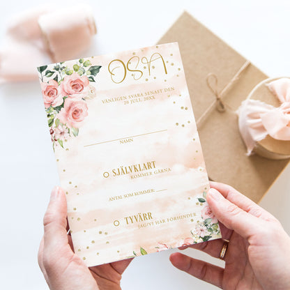 OSA-kort med kuvert (8 färger) – A6 Rosa & Vita Blommor guld detaljer – Bröllopskort BR013