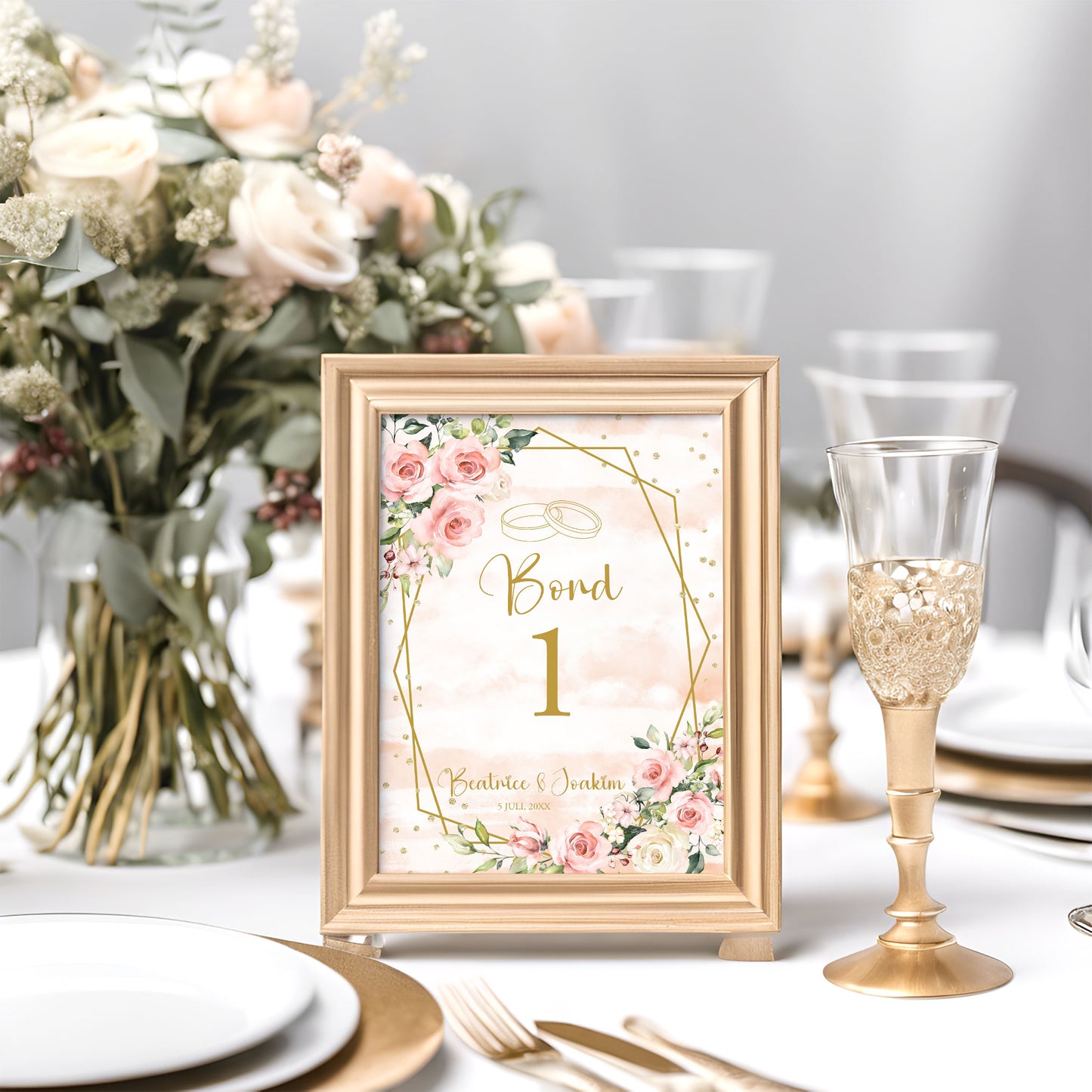 Bordsnummerkort till bröllop – Rosa & Vita Blommor m gulddetaljer – Tryckt kort för dukning och bordsplacering BR013