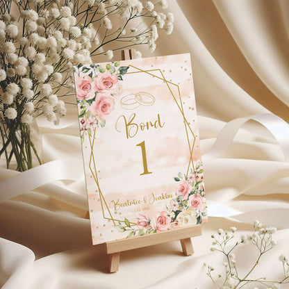 Bordsnummerkort till bröllop – Rosa & Vita Blommor m gulddetaljer – Tryckt kort för dukning och bordsplacering BR013