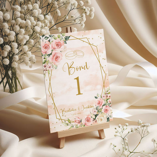 Bordsnummerkort till bröllop – Rosa & Vita Blommor m gulddetaljer – Tryckt kort för dukning och bordsplacering BR013