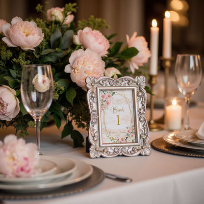 Bordsnummerkort till bröllop – Rosa & Vita Blommor m gulddetaljer – Tryckt kort för dukning och bordsplacering BR013