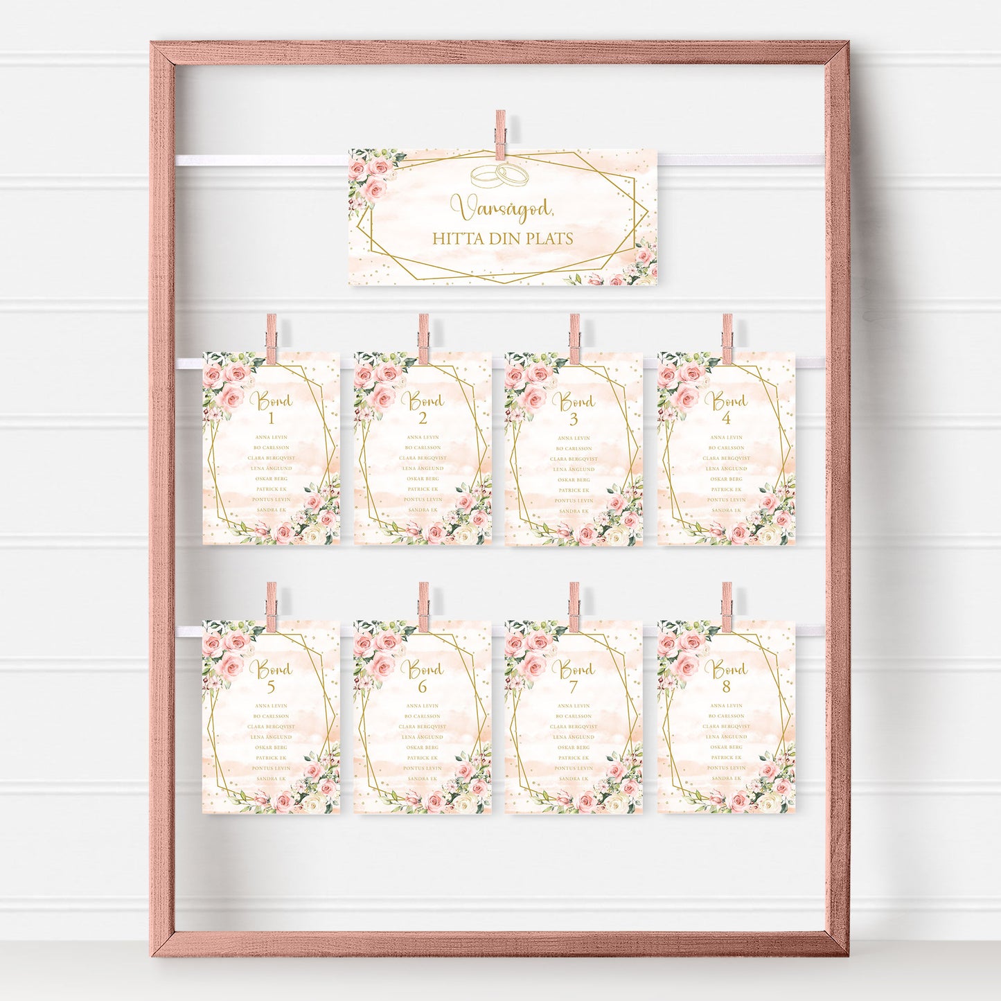 Bordsplaceringskort till bröllop – Rosa & Vita Blommor m gulddetaljer – Titelskylt & bordskort för gäster BR013