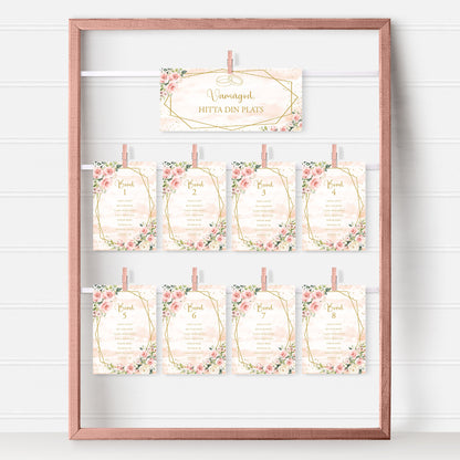 Bordsplaceringskort till bröllop – Rosa & Vita Blommor m gulddetaljer – Titelskylt & bordskort för gäster BR013