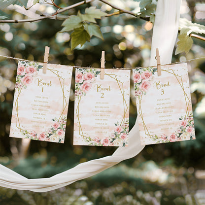 Bordsplaceringskort till bröllop – Rosa & Vita Blommor m gulddetaljer – Titelskylt & bordskort för gäster BR013
