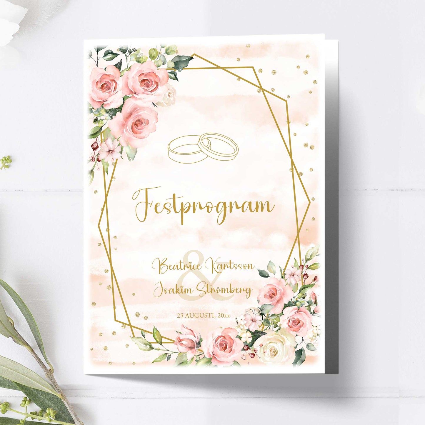 Festprogram litet, till bröllop – Rosa & Vita Blommor m gulddetaljer – Tryckt programkort 12,7x17,7 cm BR013