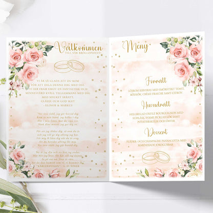 Festprogram litet, till bröllop – Rosa & Vita Blommor m gulddetaljer – Tryckt programkort 12,7x17,7 cm BR013
