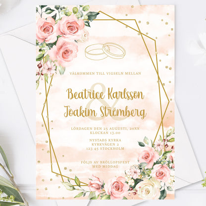 Romantisk bröllopsinbjudan – Rosa & Vita Blommor m gulddetaljer  – BR013