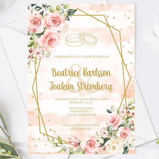 Romantisk bröllopsinbjudan – Rosa & Vita Blommor m gulddetaljer  – BR013