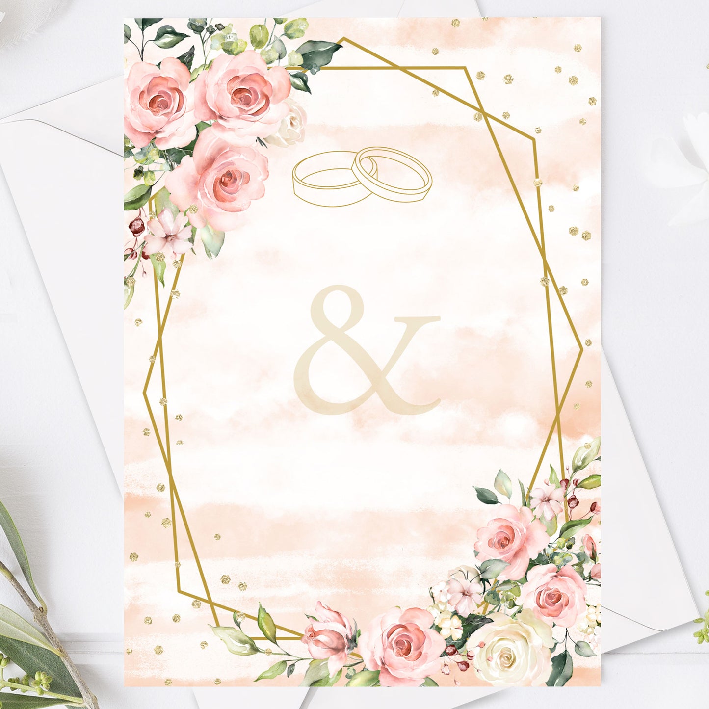 Romantisk bröllopsinbjudan – Rosa & Vita Blommor m gulddetaljer  – BR013