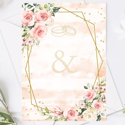 Romantisk bröllopsinbjudan – Rosa & Vita Blommor m gulddetaljer  – BR013