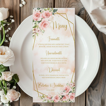 Menykort till bröllop – Rosa & Vita Blommor m gulddetaljer – Tryckt kort för bröllopsmeny BR013