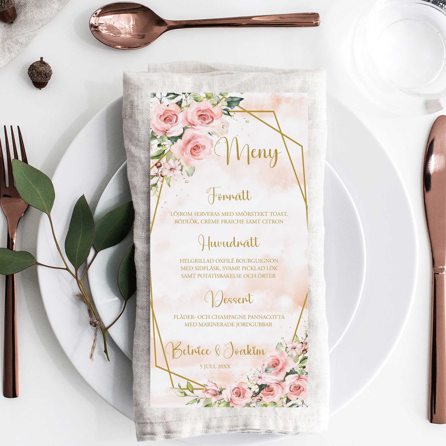 Menykort till bröllop – Rosa & Vita Blommor m gulddetaljer – Tryckt kort för bröllopsmeny BR013
