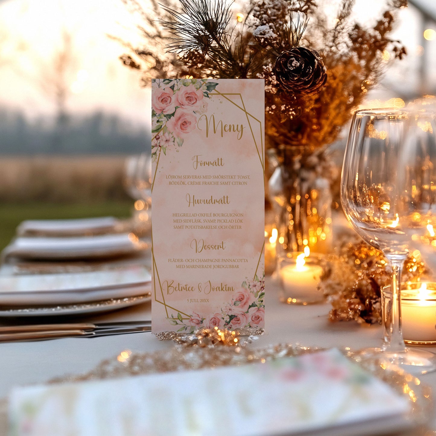 Menykort till bröllop – Rosa & Vita Blommor m gulddetaljer – Tryckt kort för bröllopsmeny BR013
