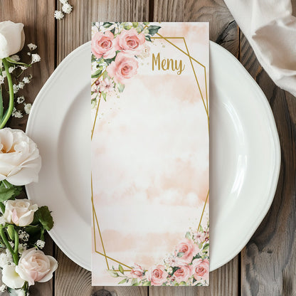 Menykort till bröllop – Rosa & Vita Blommor m gulddetaljer – Tryckt kort för bröllopsmeny BR013