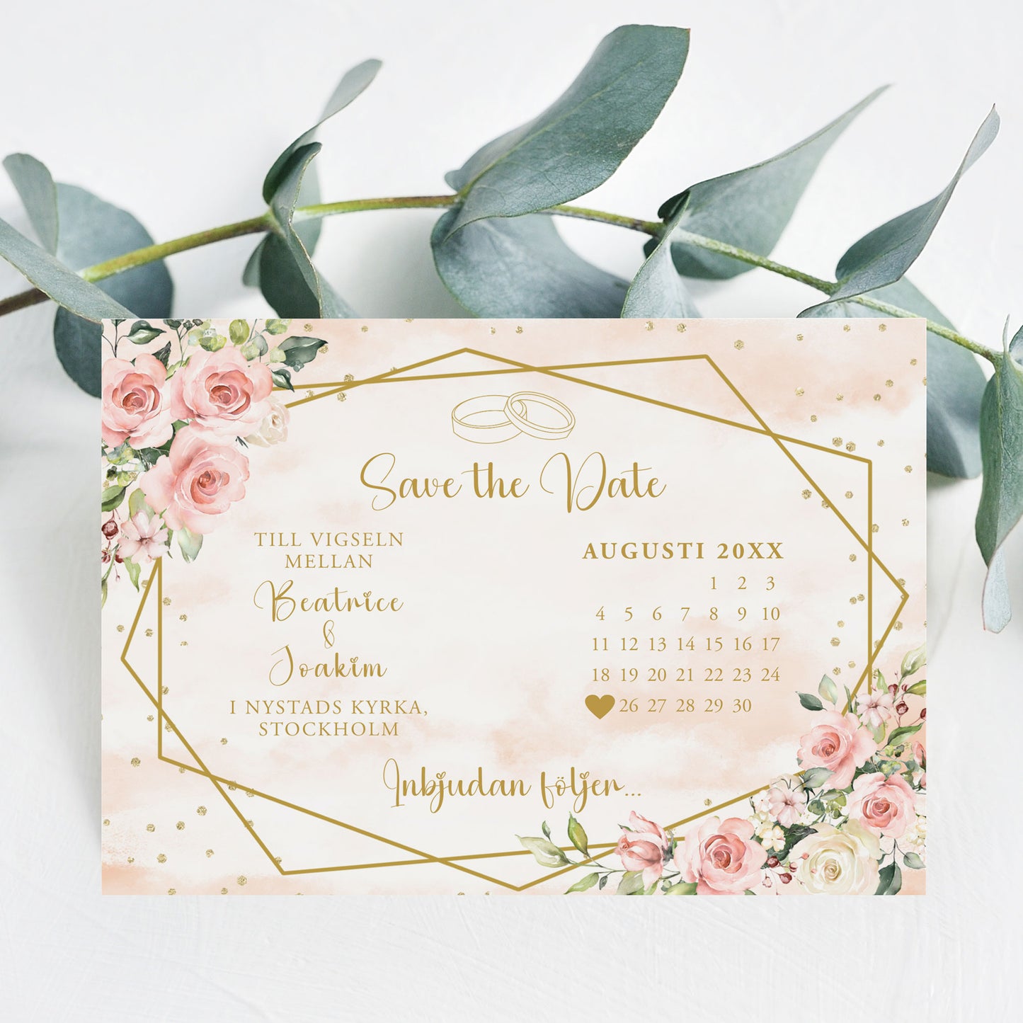 Save the Date-kort – Rosa & Vita Blommor m gulddetaljer - A6 Tryckt kort för bröllopsdatum BR013