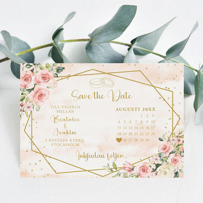 Save the Date-kort – Rosa & Vita Blommor m gulddetaljer - A6 Tryckt kort för bröllopsdatum BR013