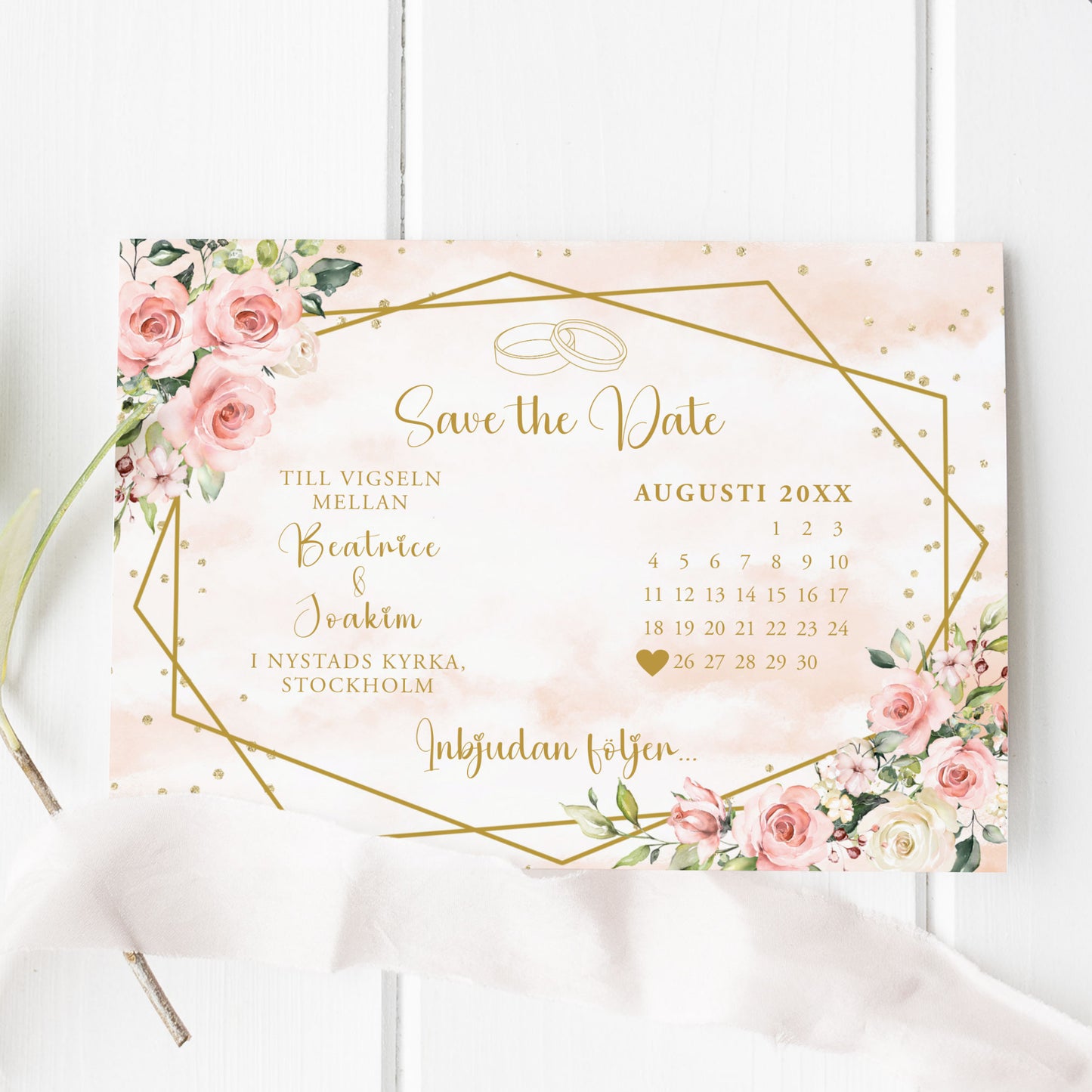 Save the Date-kort – Rosa & Vita Blommor m gulddetaljer - A6 Tryckt kort för bröllopsdatum BR013