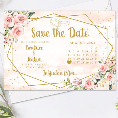 Save the Date kort med kalender – Rosa & Vita Blommor m gulddetaljer - A6 Tryckt kort för bröllopsdatum BR013