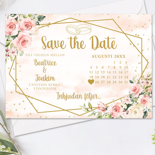 Save the Date kort med kalender – Rosa & Vita Blommor m gulddetaljer - A6 Tryckt kort för bröllopsdatum BR013