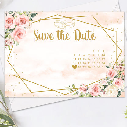 Save the Date kort med kalender – Rosa & Vita Blommor m gulddetaljer - A6 Tryckt kort för bröllopsdatum BR013
