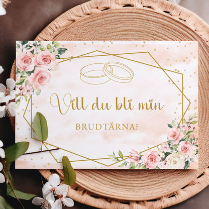 Vill du bli-kort – Rosa & Vita Blommor m gulddetaljer – A6 Tryckt fråga till brudfölje BR013