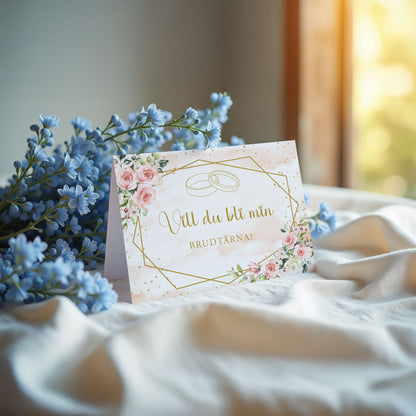 Vill du bli-kort – Rosa & Vita Blommor m gulddetaljer – A6 Tryckt fråga till brudfölje BR013