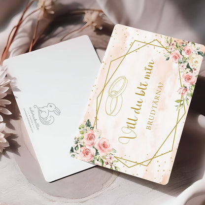 Vill du bli-kort – Rosa & Vita Blommor m gulddetaljer – A6 Tryckt fråga till brudfölje BR013