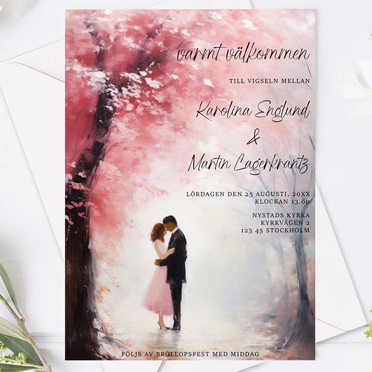 Romantisk bröllopsinbjudan – Rosa körsbärsblommor & kärlekspar – BR015