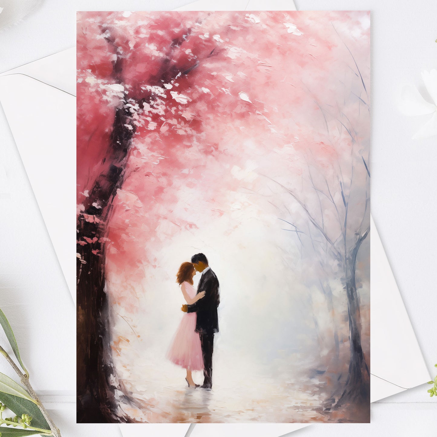 Romantisk bröllopsinbjudan – Rosa körsbärsblommor & kärlekspar – BR015