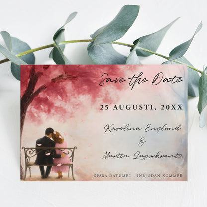 Save the Date-kort – Rosa körsbärsblommor & kärlekspar - A6 Tryckt kort för bröllopsdatum BR015