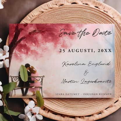 Save the Date-kort – Rosa körsbärsblommor & kärlekspar - A6 Tryckt kort för bröllopsdatum BR015