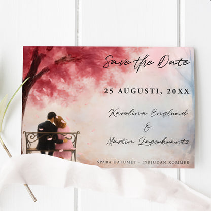 Save the Date-kort – Rosa körsbärsblommor & kärlekspar - A6 Tryckt kort för bröllopsdatum BR015