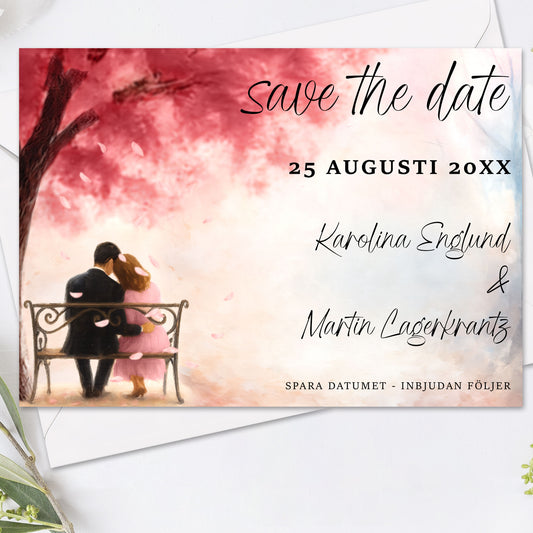 Save the Date kort – Rosa körsbärsblommor & kärlekspar - A6 Tryckt kort för bröllopsdatum BR015