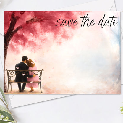 Save the Date kort – Rosa körsbärsblommor & kärlekspar - A6 Tryckt kort för bröllopsdatum BR015