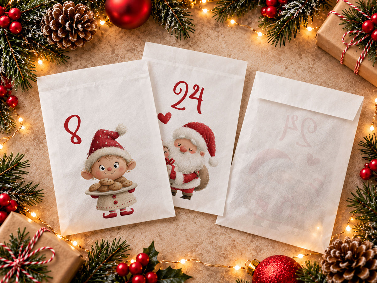 Adventskalender med 24 numrerade påsar – Fyll själv 1–24