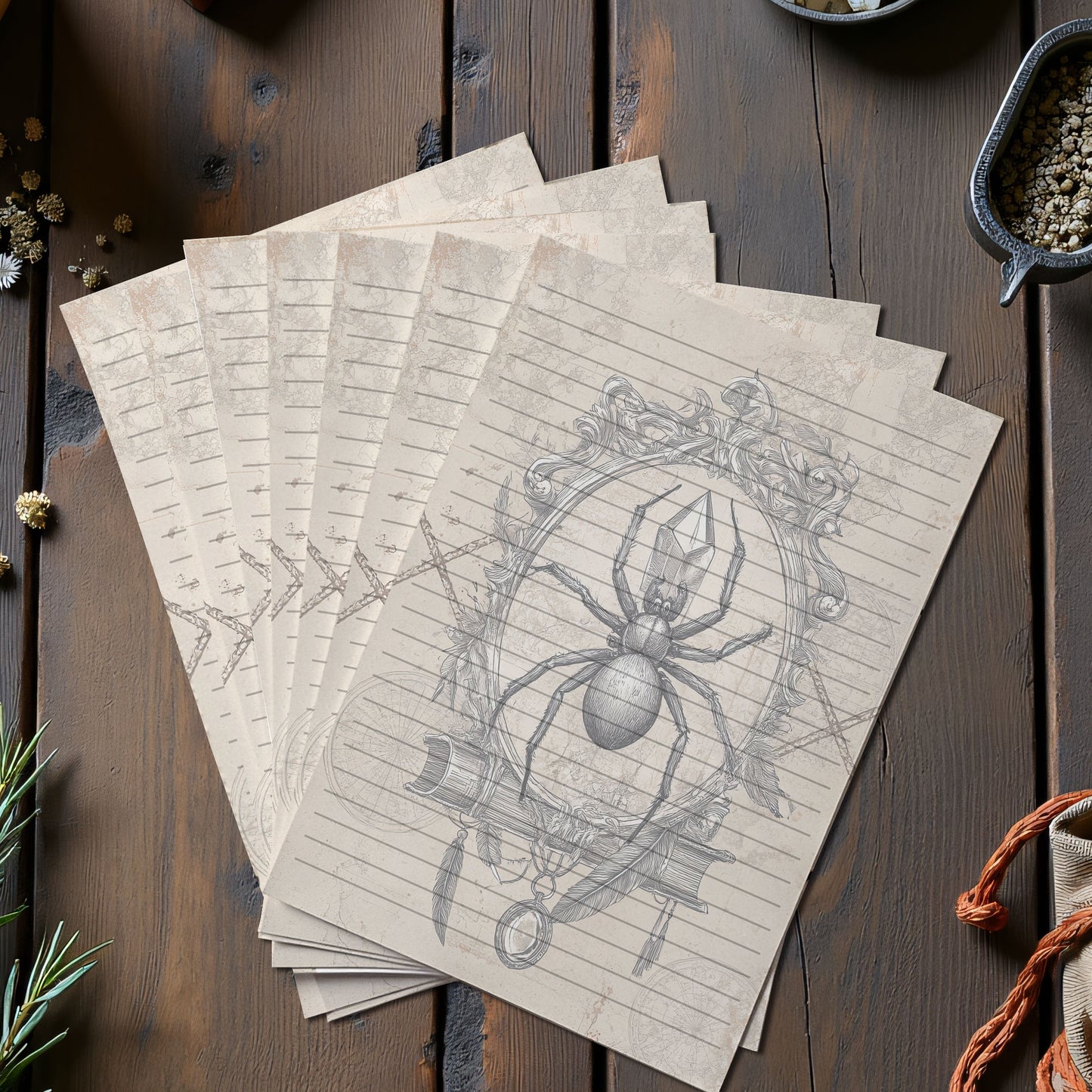 10-pack Brevpapper - Vintage Spindel Dark Academia Grimoire / Book of Shadows Sidor - Tryckt A5 Papper - GP102