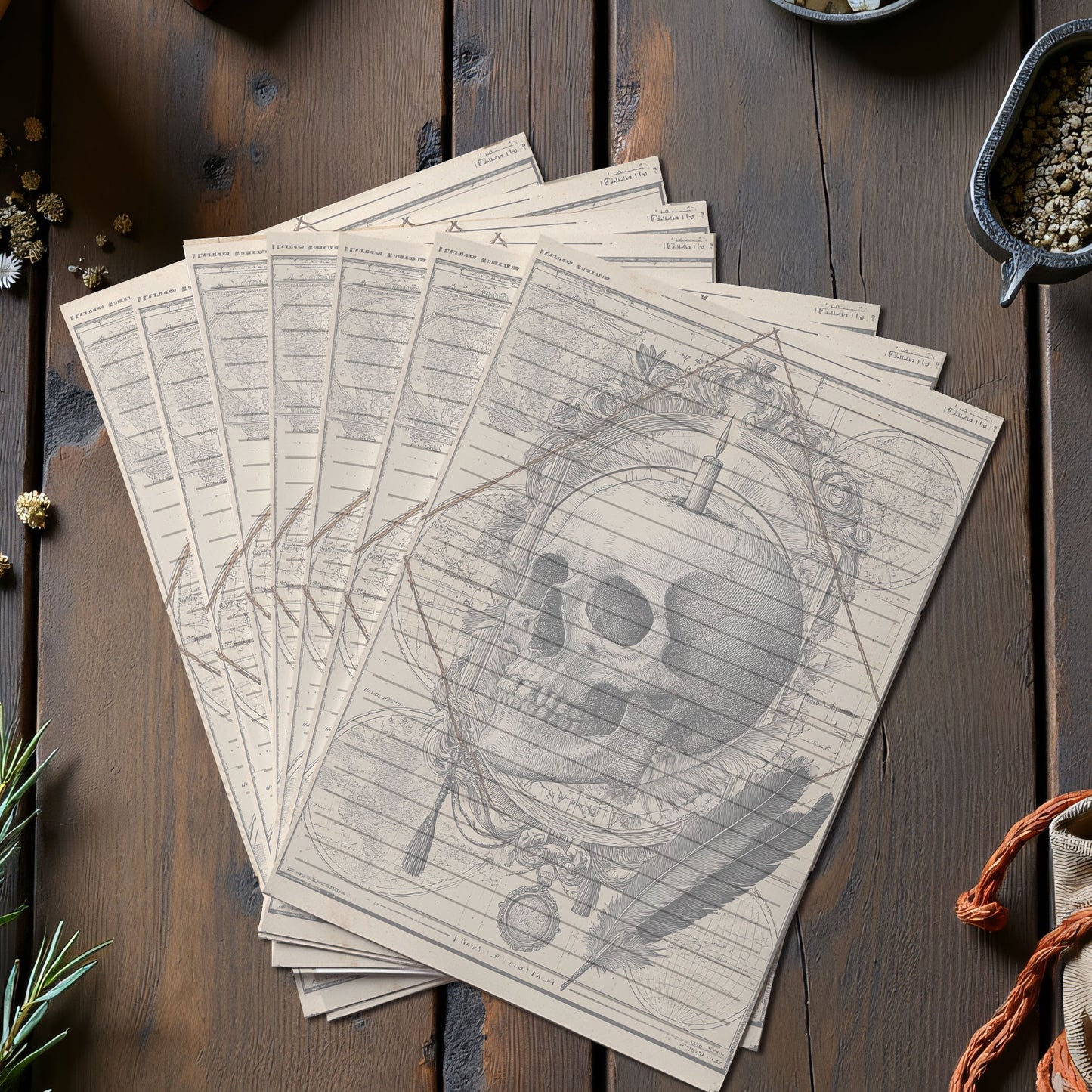 10-pack Brevpapper - Vintage Dödskalle Dark Academia Grimoire / Book of Shadows Sidor - Tryckt A5 Papper - GP103