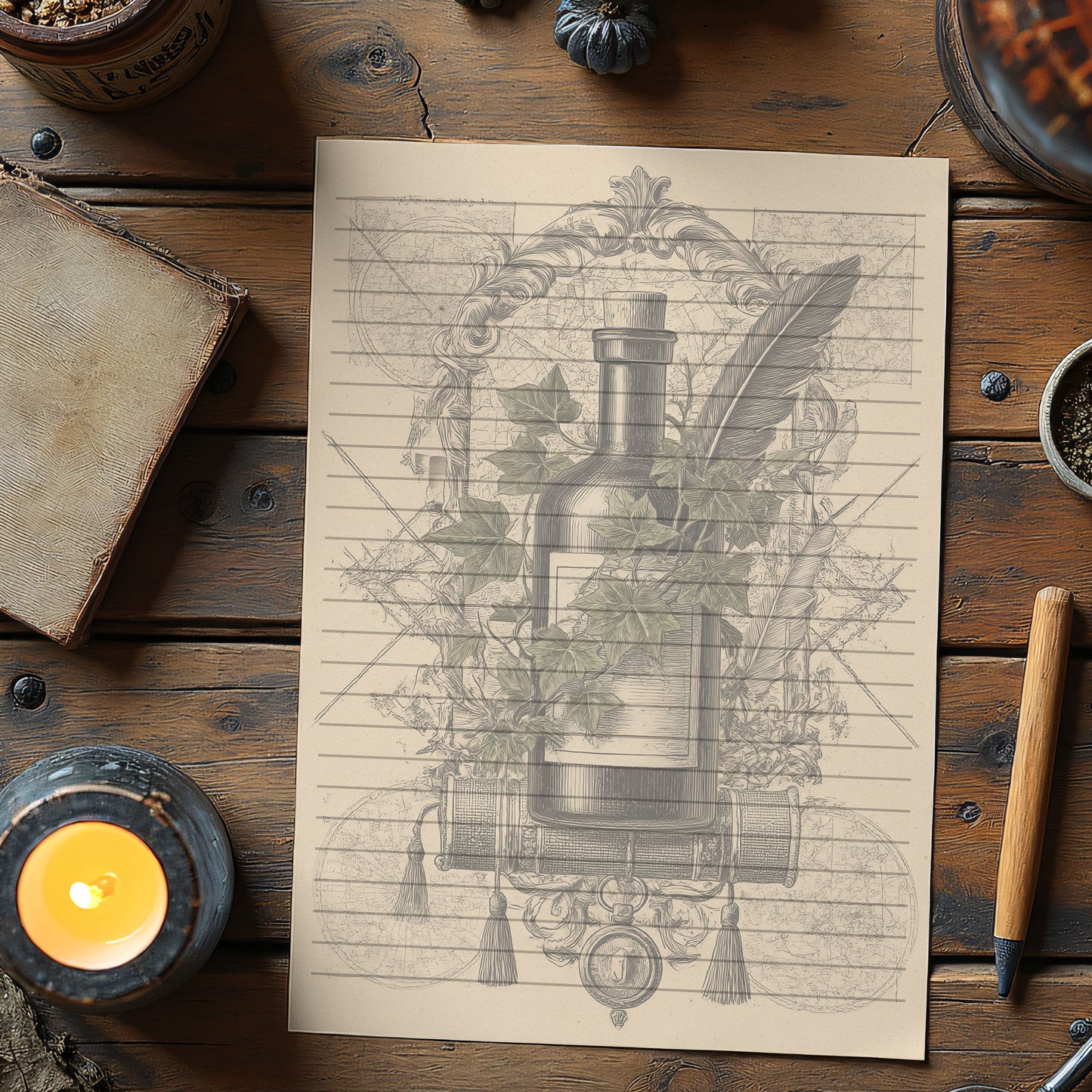 10-pack Brevpapper - Vintage Vinflaska Dark Academia Grimoire / Book of Shadows Sidor - Tryckt A5 Papper - GP104