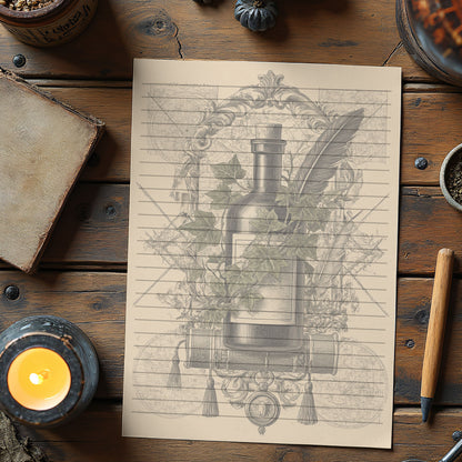 10-pack Brevpapper - Vintage Vinflaska Dark Academia Grimoire / Book of Shadows Sidor - Tryckt A5 Papper - GP104