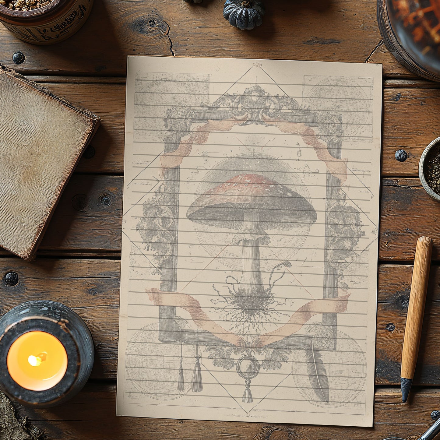 10-pack Brevpapper - Vintage Flugsvamp Dark Academia Grimoire / Book of Shadows Sidor - Tryckt A5 Papper - GP107