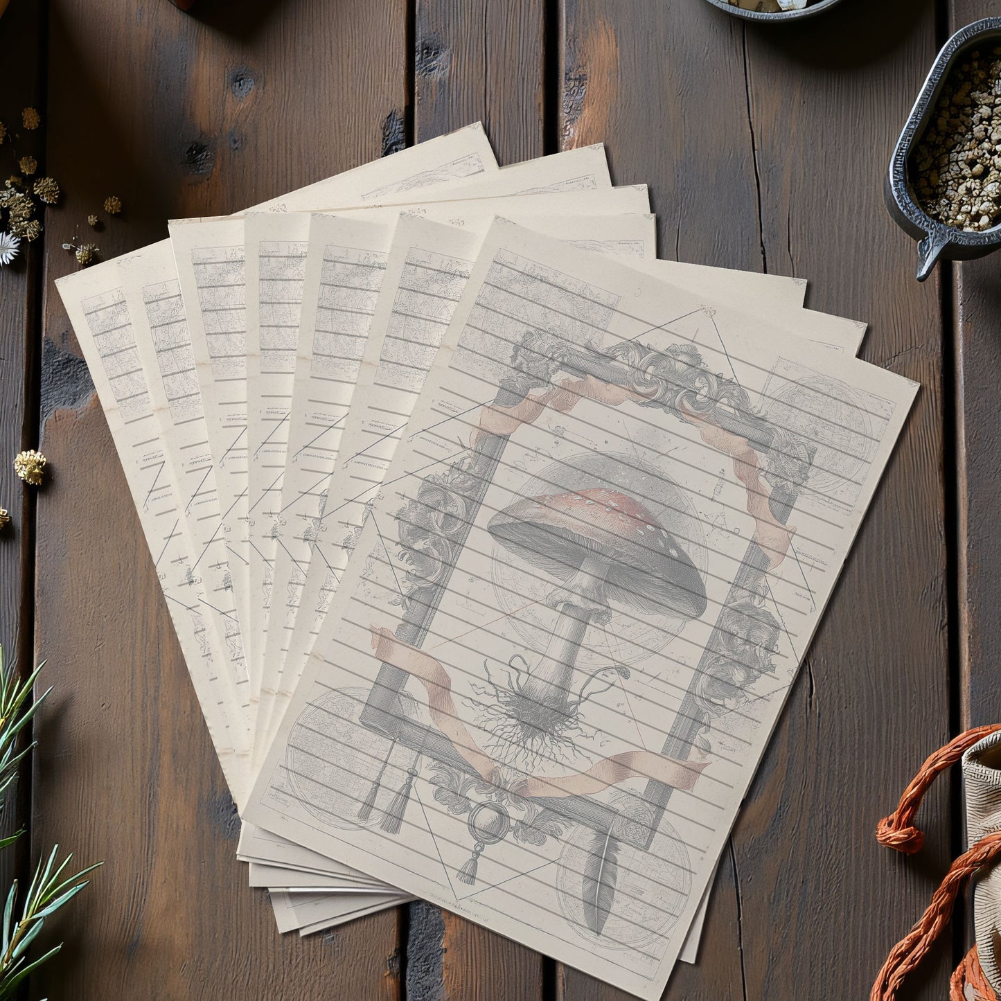 10-pack Brevpapper - Vintage Flugsvamp Dark Academia Grimoire / Book of Shadows Sidor - Tryckt A5 Papper - GP107