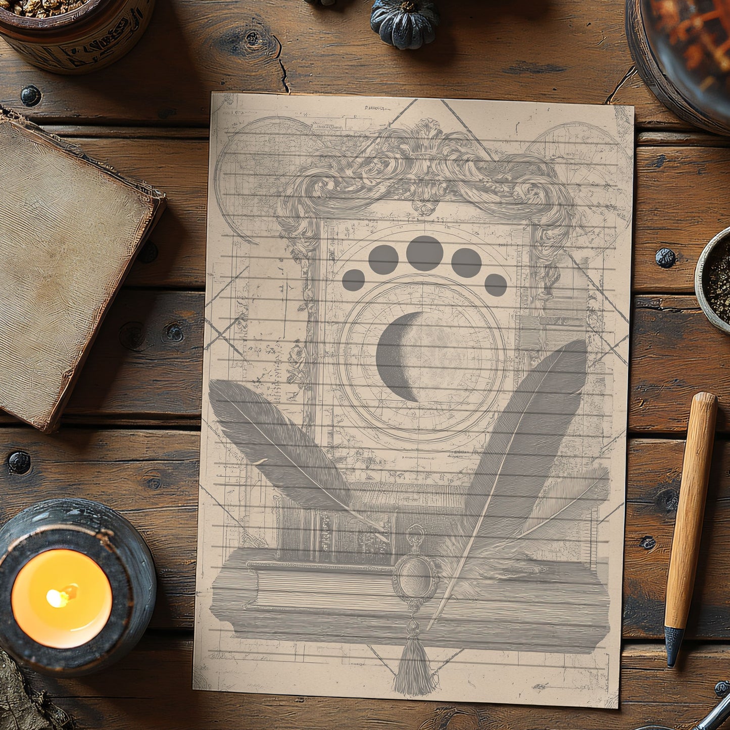 10-pack Brevpapper - Vintage Månfaser Dark Academia Grimoire / Book of Shadows Sidor - Tryckt A5 Papper - GP108