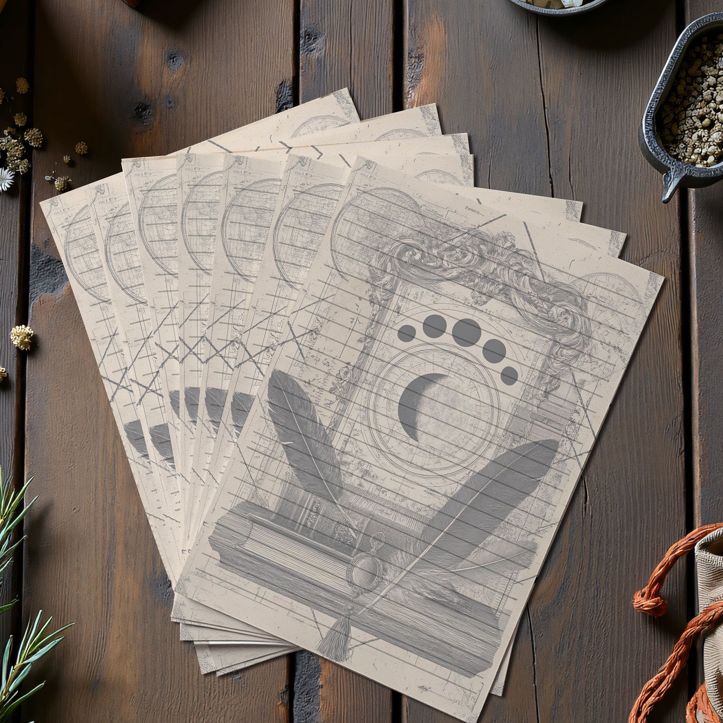 10-pack Brevpapper - Vintage Månfaser Dark Academia Grimoire / Book of Shadows Sidor - Tryckt A5 Papper - GP108