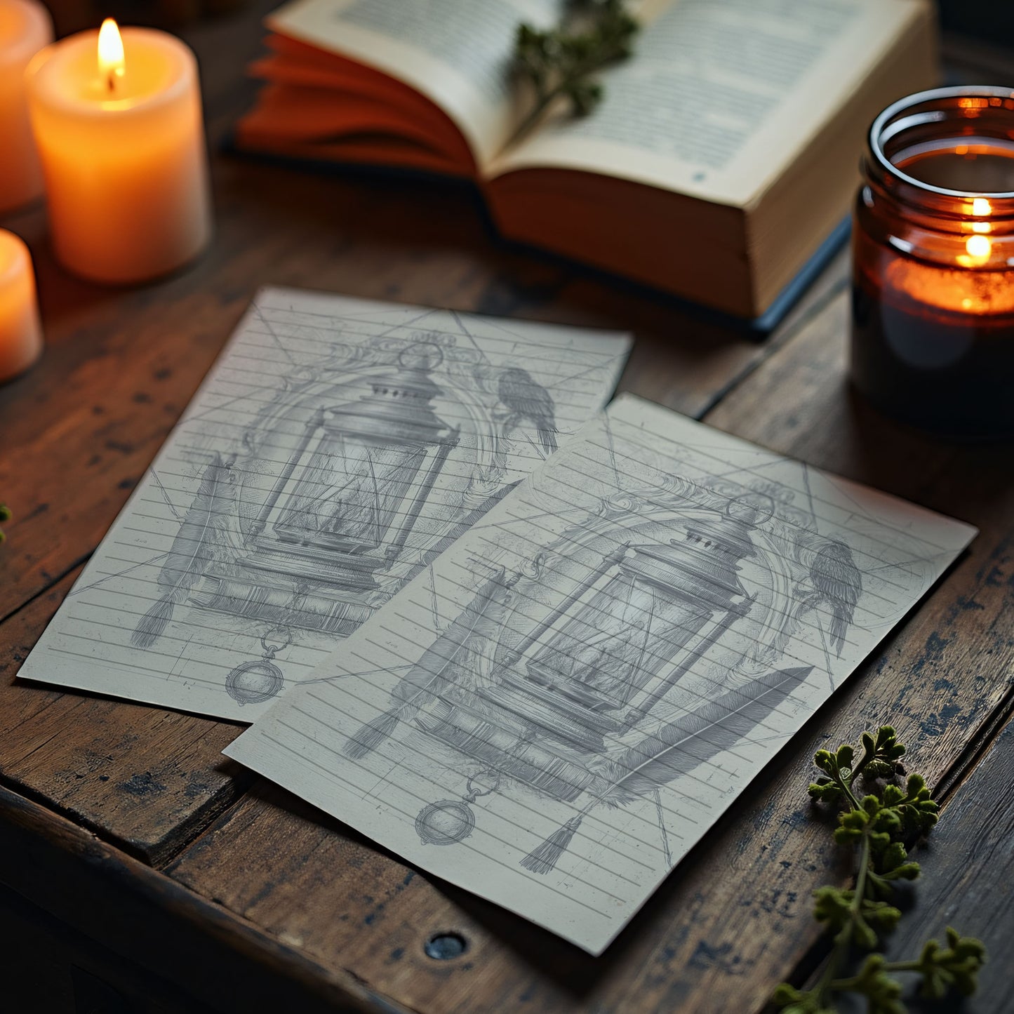 10-pack Brevpapper - Vintage Lykta Dark Academia Grimoire / Book of Shadows Sidor - Tryckt A5 Papper - GP112