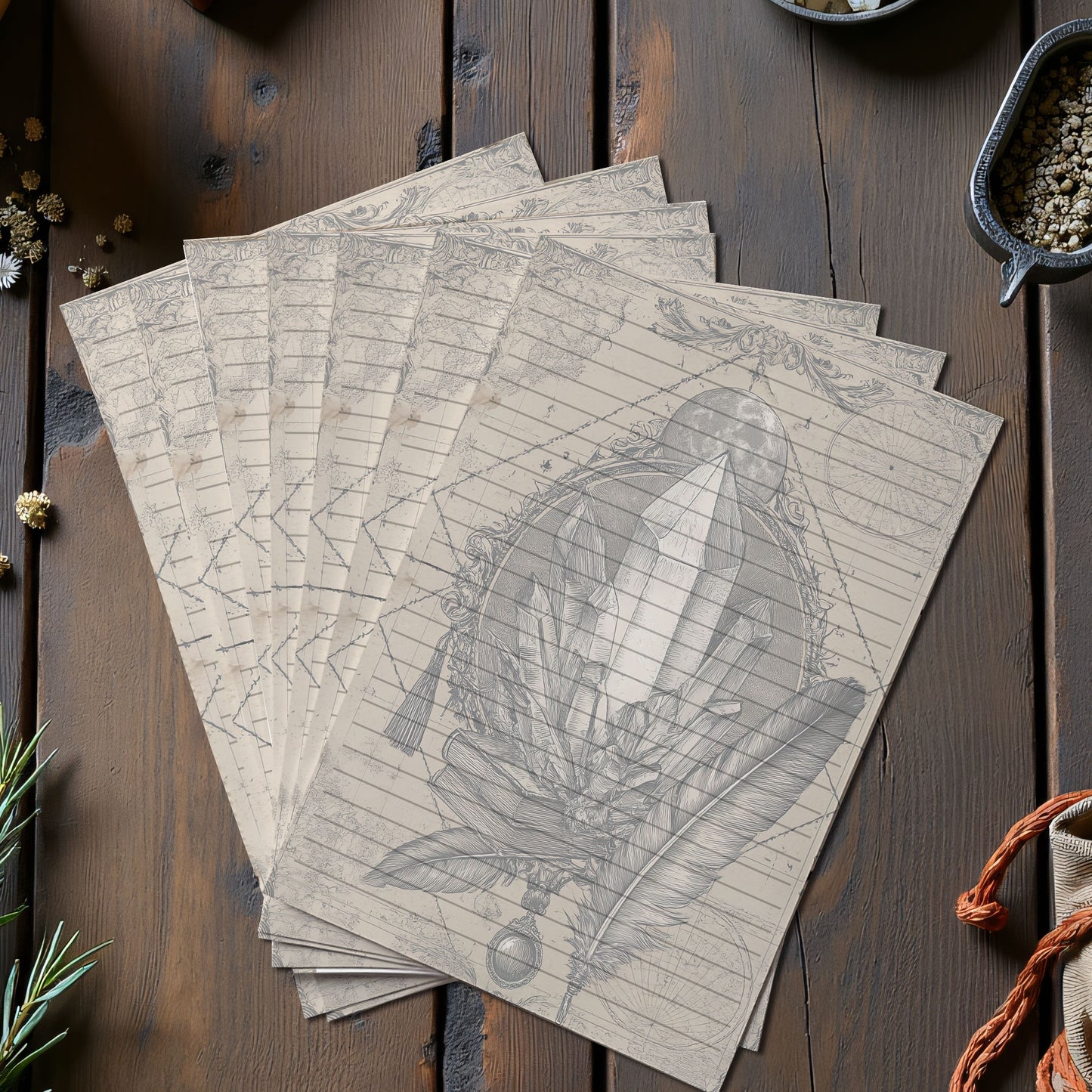 10-pack Brevpapper - Vintage Kristall Dark Academia Grimoire / Book of Shadows Sidor - Tryckt A5 Papper - GP114