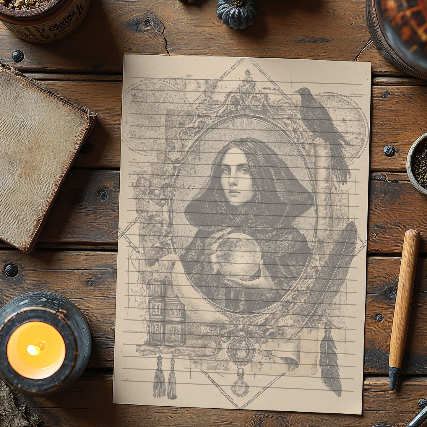 10-pack Brevpapper - Vintage Porträtt Dark Academia Grimoire / Book of Shadows Sidor - Tryckt A5 Papper - GP119