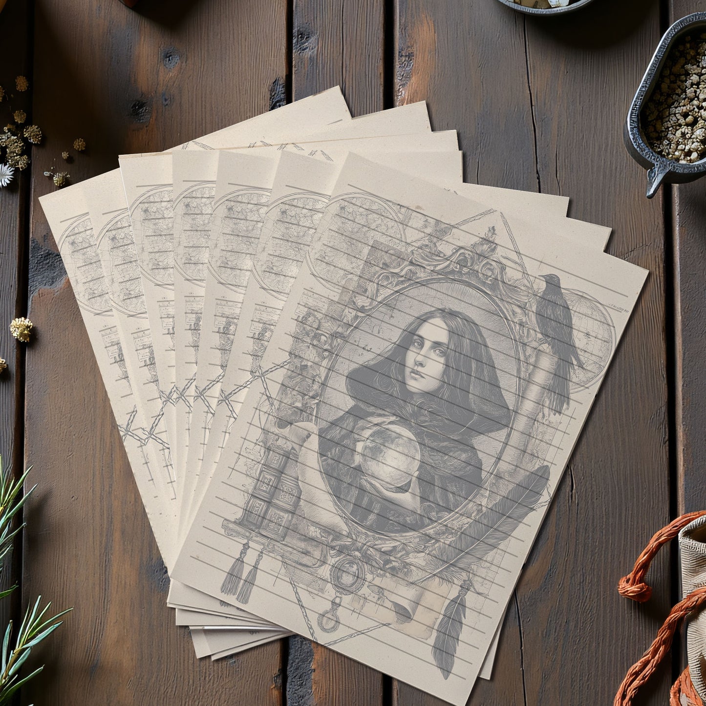 10-pack Brevpapper - Vintage Porträtt Dark Academia Grimoire / Book of Shadows Sidor - Tryckt A5 Papper - GP119