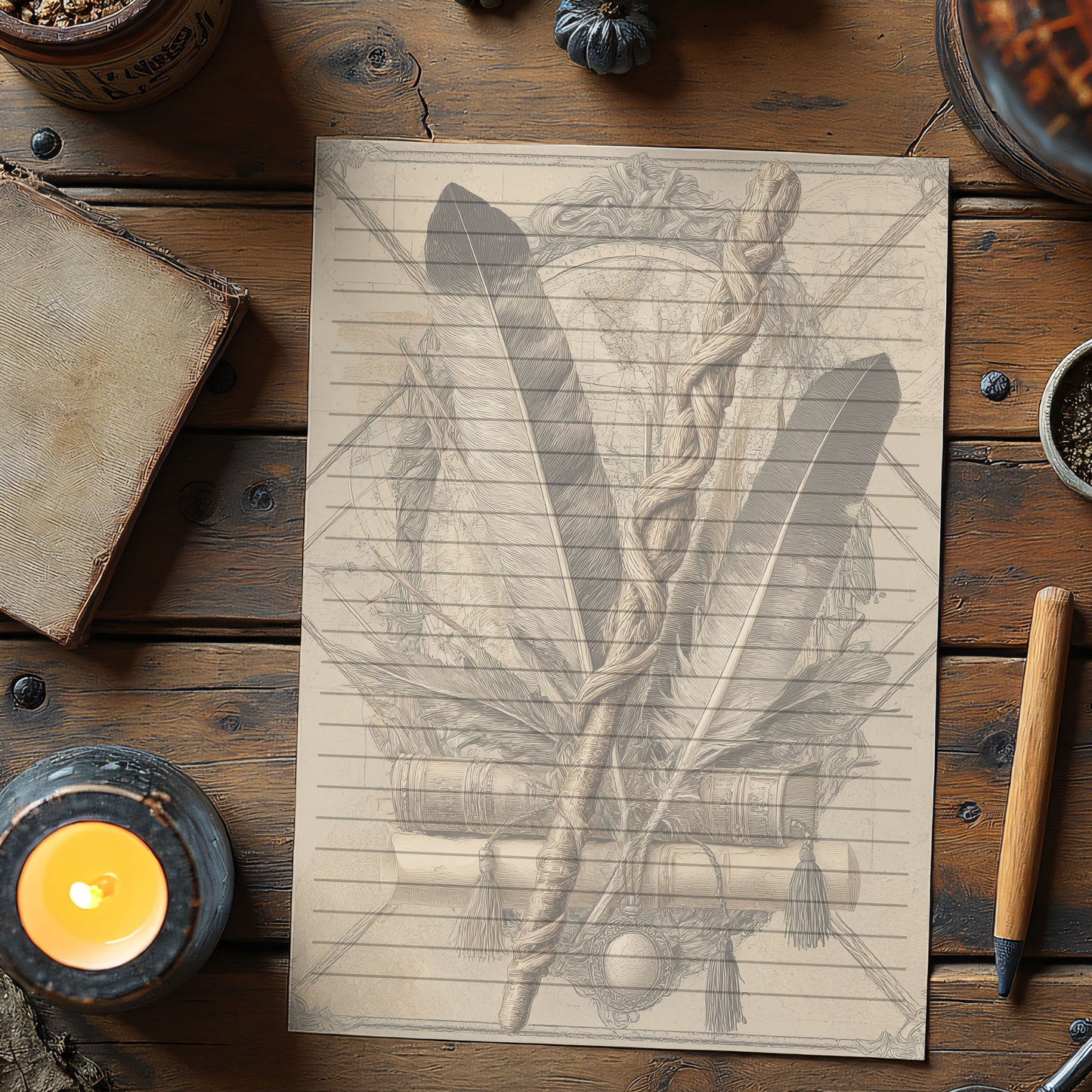 10-pack Brevpapper - Vintage Trollstav och Fjärdrar Dark Academia Grimoire / Book of Shadows Sidor - Tryckt A5 Papper - GP120